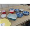Image 2 : Pyrex Refridgerator Dish, Blue Willow, Spice Containers, 2 Medicine Hat Pottery Plates