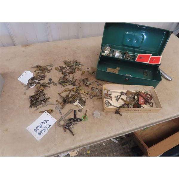 Metal Box w Keys, Pins, Red River Indian Dollar