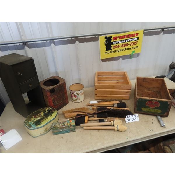 Fruit Crates, Cig TIn, Brushes, Metal Locking Cabinet