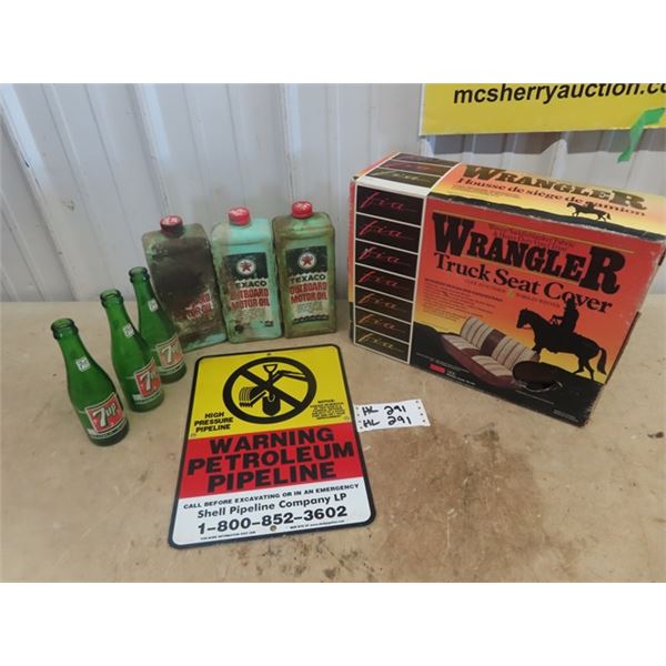 3 Texaco Outboard Oil Containers, 3 7 Up Bottles, Pipline Warning Signs, New Old Stock Wrangler Truc