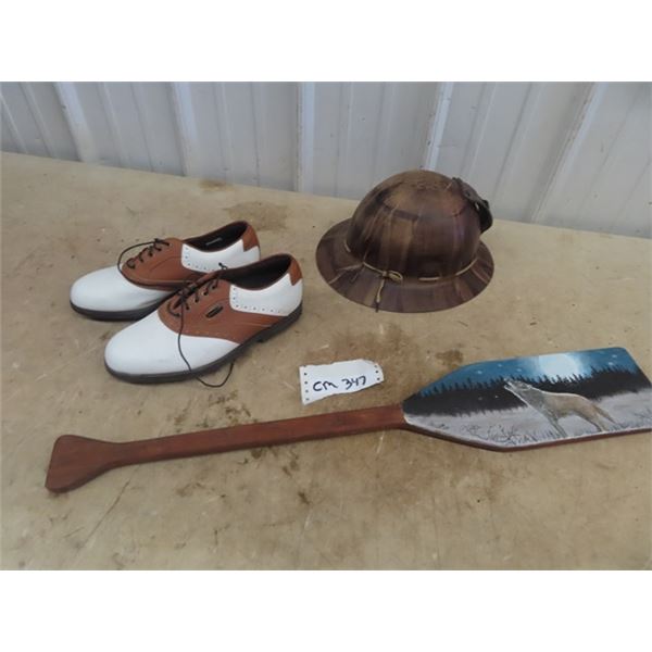 Miner's Helmet, Art on Wooden Paddle & Size 7 Golf Shoes