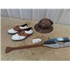 Image 1 : Miner's Helmet, Art on Wooden Paddle & Size 7 Golf Shoes