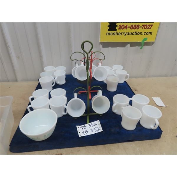 24 Fire King Cups & 3 Metal Cup Trees, & Pyrex Mixing Bowls