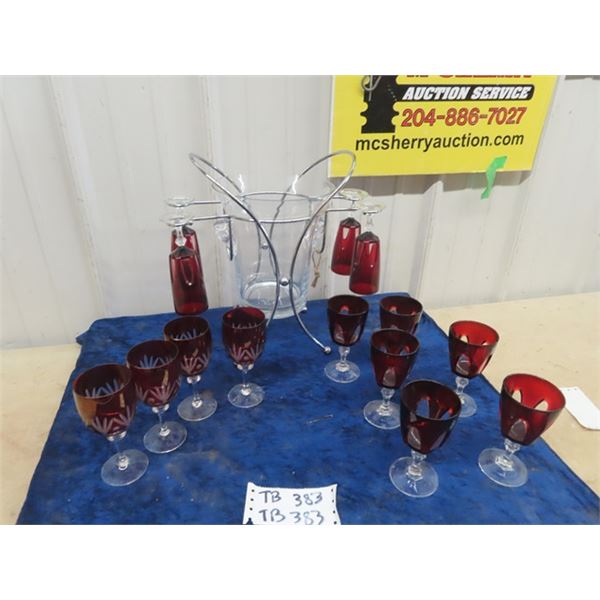 Fancy Ice Bucket, 9 Wine Glasses -Ruby Crystal