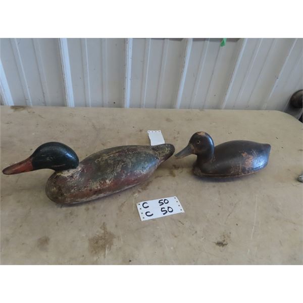 2 Wood Carved Duck Decoys