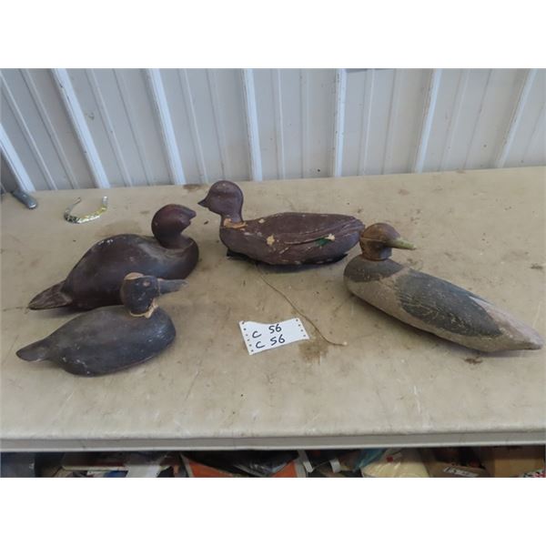 4 Wood Carved Duck Decoys- Rough Condition