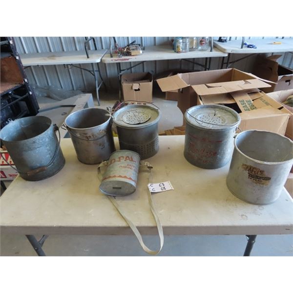 2 Minnow Buckets, 3 Galv Pails, & Bait Wading Can