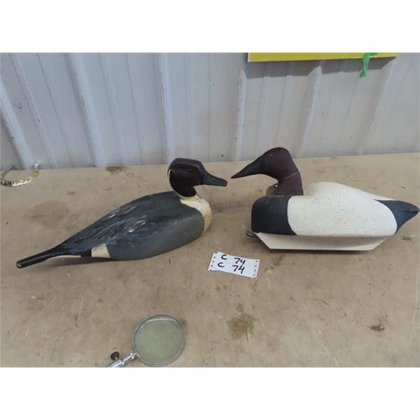2 Wood Carved Duck Decoys 1) RW Maloney 1980 & 1) Marked V S