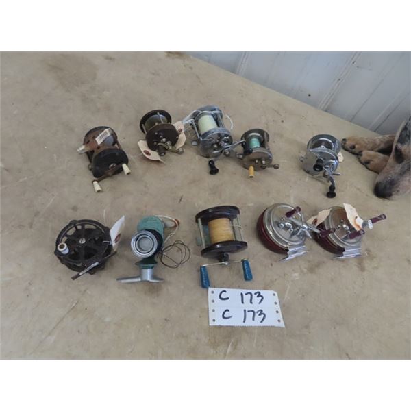10 Fishing Reels 2) Shakespeare Service 2) Good All EL Mfg 2) No Markings, Acme Mdl MB, Penn #77, Vi