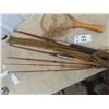 Image 2 : 2 Old Wood Fishing Rods, Hand Nets, Ice Fishing Scoop