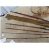 Image 5 : 2 Old Wood Fishing Rods, Hand Nets, Ice Fishing Scoop