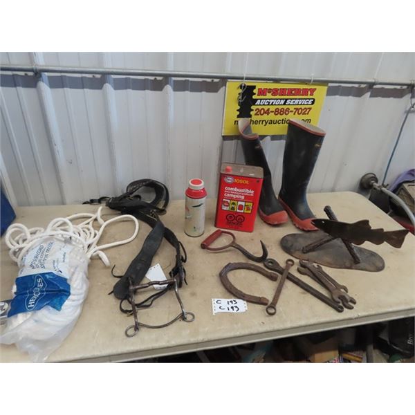 Proline New Size 9 Rubber Boots, Braided Sash Cord, Bridle, Bale Hook, Metal Fish Display, & Wrench