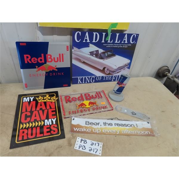 Metal Red Bull Sign, Cadillac Sign, Metal Man Cave Sign Plus More