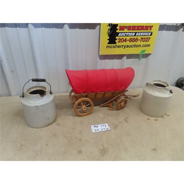 (MP) Chuckwagon Display & 2 Pickle Crocks 1 Has Chip