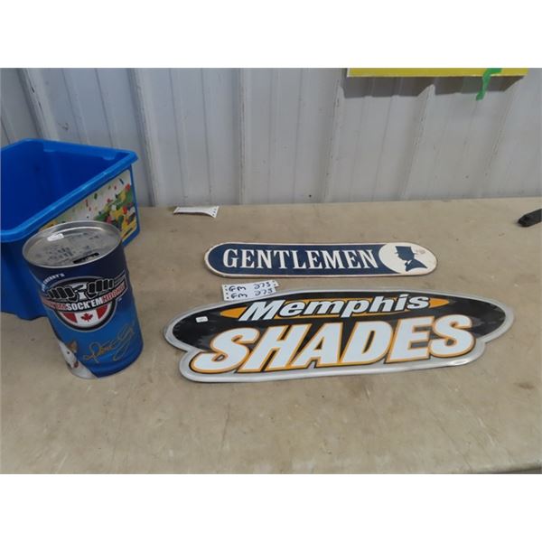 Metal Gentlemen's Sign - 5" x 20", Metal Memphis Shades Sign 9" x 24" , & Don Cherry Tin w Glass
