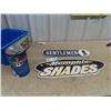 Image 1 : Metal Gentlemen's Sign - 5" x 20", Metal Memphis Shades Sign 9" x 24" , & Don Cherry Tin w Glass