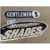 Image 2 : Metal Gentlemen's Sign - 5" x 20", Metal Memphis Shades Sign 9" x 24" , & Don Cherry Tin w Glass