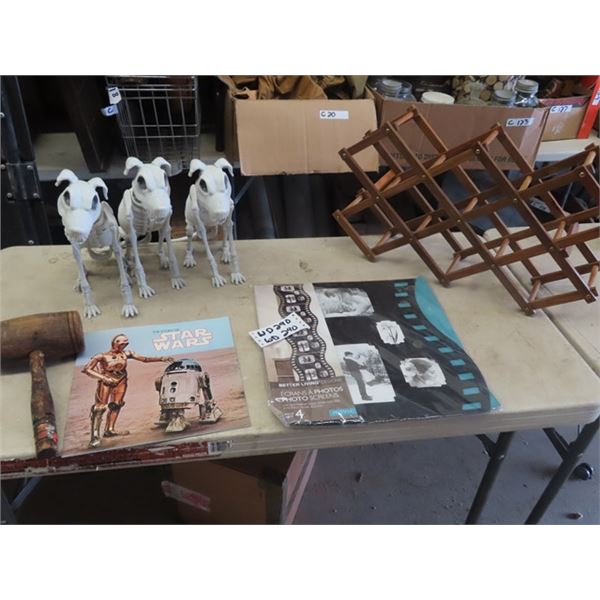 Starwars Book, Movie Display Decor, Wine Rack, 3 Skeleton Dogs, & Hotwheel Cars