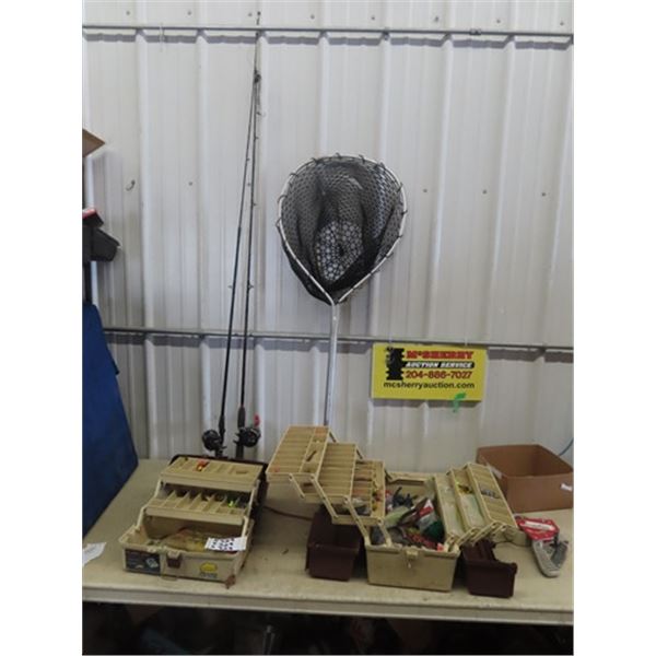 2 Fishing Rods & Reels , Net, 2 Tackle Boxes w Tackle