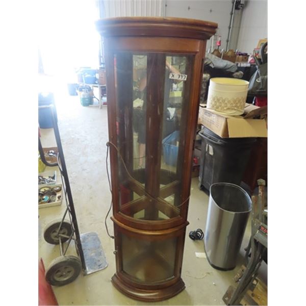 Corner Curved Glass Curio /China Cabinet w 4 Glass Shelves - Also Lights Up
