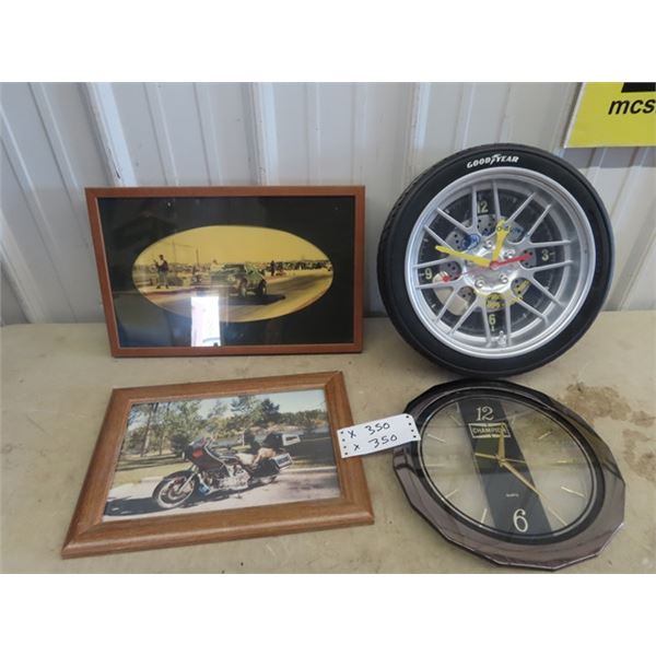 Good Year CLock 14"RD, & Champion Clock 12" RD, Race Car & Motorcycle Frame Pic