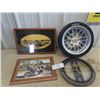Image 1 : Good Year CLock 14"RD, & Champion Clock 12" RD, Race Car & Motorcycle Frame Pic