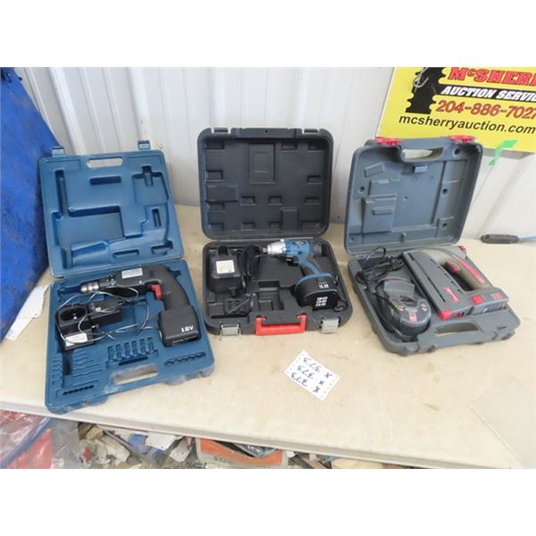 12 Volt Drill, 14.4 Volt 1/2" Impact, 10.8 Volt Stapler, All w Case & Charger & 1 Battery