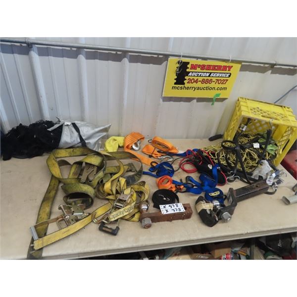 Load Ratchet Straps, 2 Receiver Ball Hitches, Bungee Cords, Cargo Net, Tow Straps