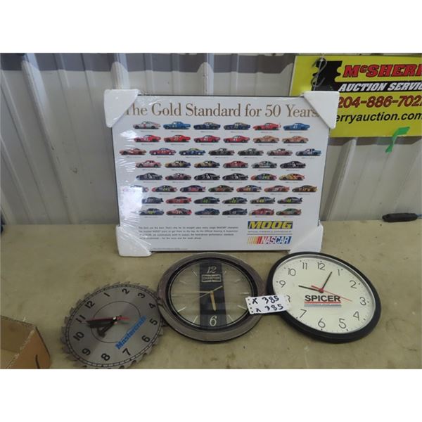 Moog Nascar Picture- Race Cars,  3 Clocks - 1) Champion 1) Spicer & 1) Mastercraft