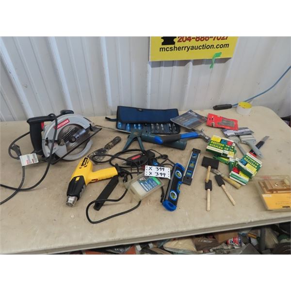 Craftsman Circ Power Saw, Recip Saw Blades Paint Brushes, New Heat Gun, Hammer, Glue Gun, Plus More