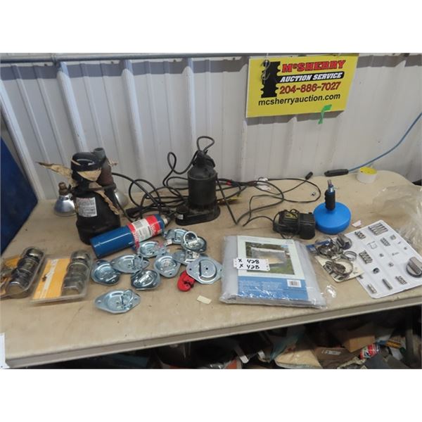 2 Submergible Water Pumps  , Tie Dow , Plumbing SNake, New Hardware, Door Knobs, New Swing Cover