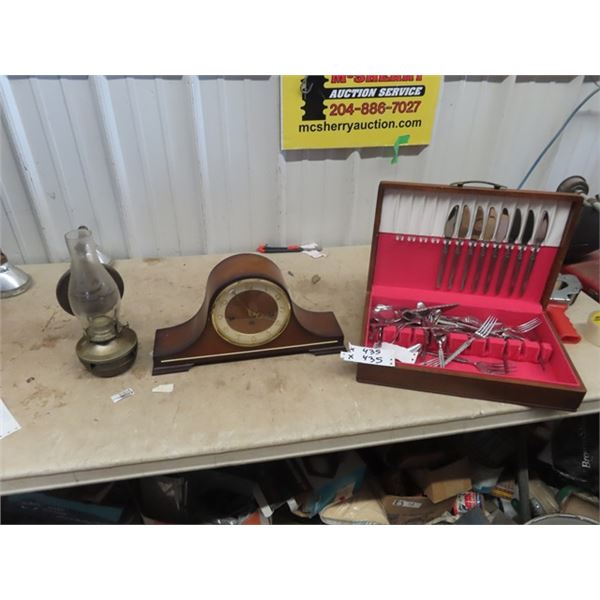 Mantle Clock, Coal Oil Lamp, & Case Flatwear