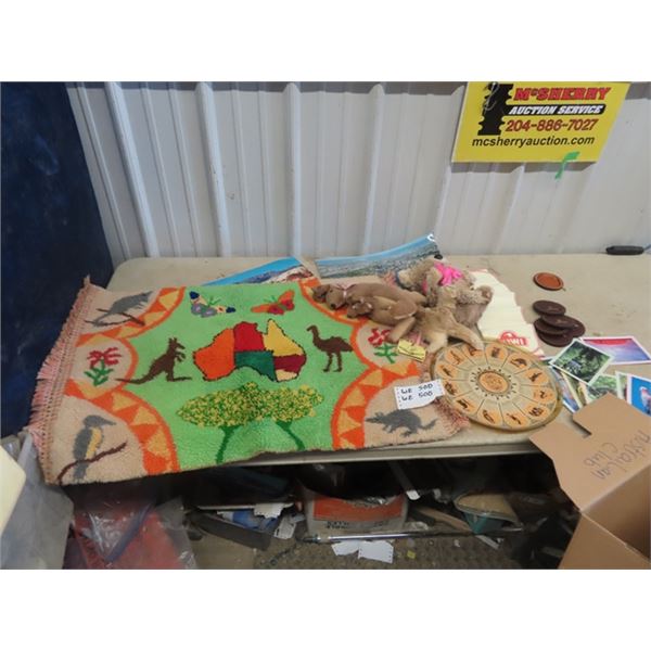 (WE) Austrailian Sovenir - Kangaroo Hide Stuffy, Rug Art, Calenar Plate, Plus More