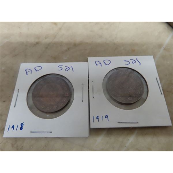 2 Canadian 1 Cent 1) 1918 & 1) 1919