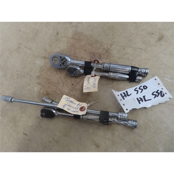Snap On 2) 3/8" Ratchet & 4 3/*" Wobble Extensions & 1) 1/2" Snap On Ratchet