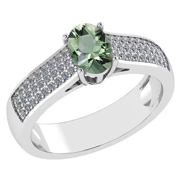 Certified 1.2Ctw Green Amethyst And Diamond 14k White G