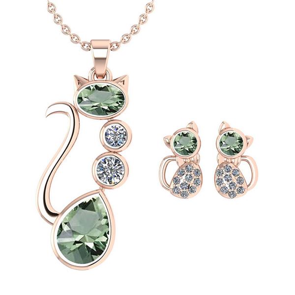 Certified 2.37 Ctw Green Amethyst And Diamond Cat Neckl