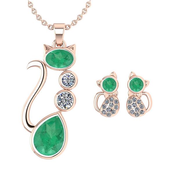 Certified 2.37 Ctw Emerlad And Diamond Cat Necklace + E