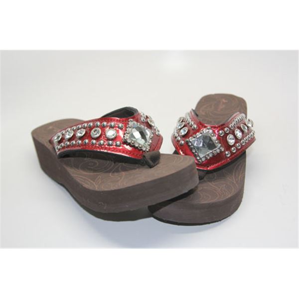 RHINESTONE DIAMOND STONE BURGUNDY FLIP FLOPS (SIZE 10)