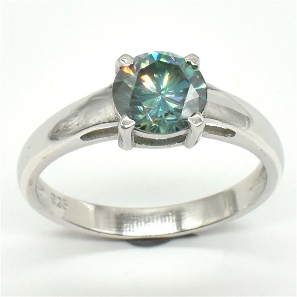 SILVER GREENISH BLUE MOISSANITE (ROUND 7.5 MM)(3.3CT) RING SIZE 10