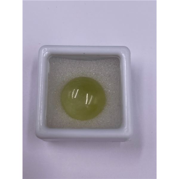 BIG YELLOWISH GREEN SAPPHIRE 22.53CT, 15.2 X 8.9MM, ROUND CABOCHON, TRANSLUCENT, MADAGASCAR,