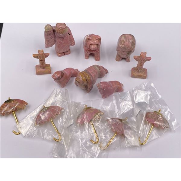 RHODONITE (GEMSTONE) CARVED ANIMALS, TOTEMS AND BROOCHES