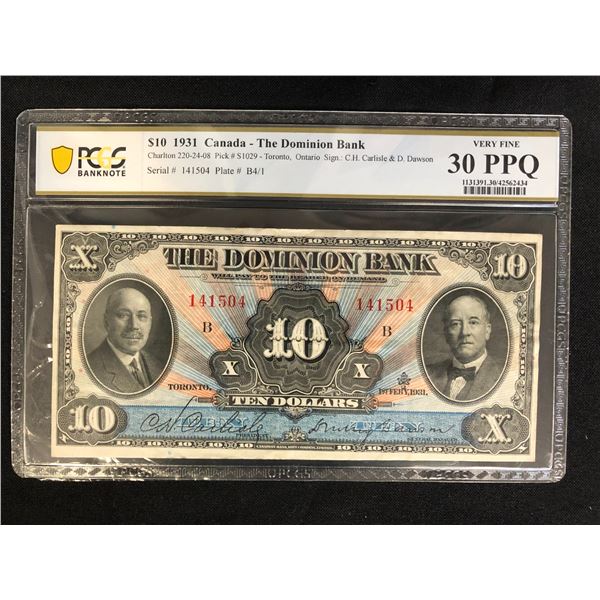 $10 1931 CANADA - THE DOMINION BANK (Very Fine 30 PPQ)