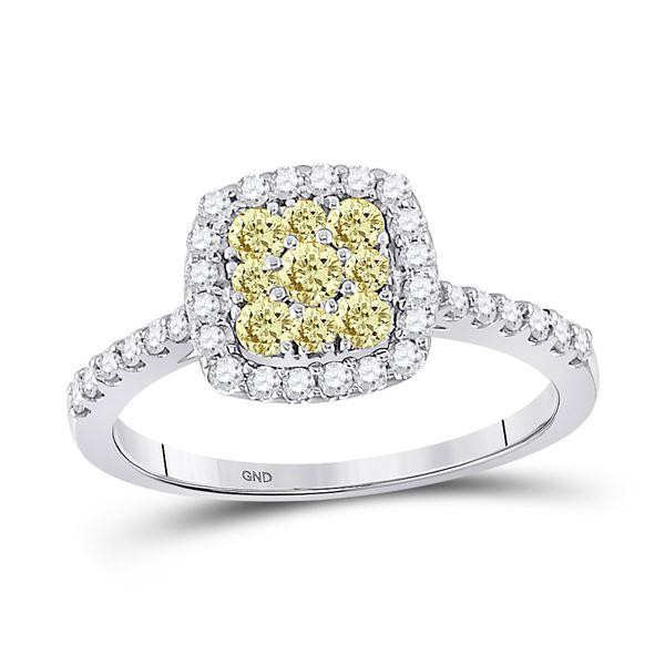Yellow Diamond Square Cluster Ring 3/4 Cttw 14kt White Gold