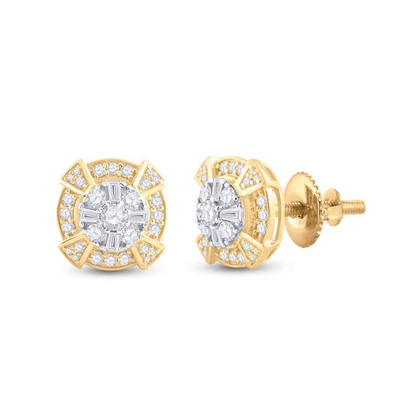 Mens Baguette Diamond Circle Cluster Earrings 3/4 Cttw 14kt Yellow Gold