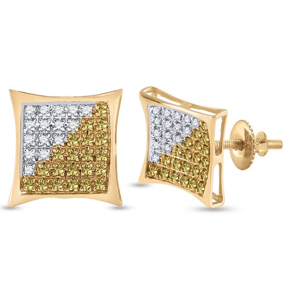 Mens Yellow Color Enhanced Diamond Square Cluster Earrings 1/4 Cttw 10kt Yellow Gold