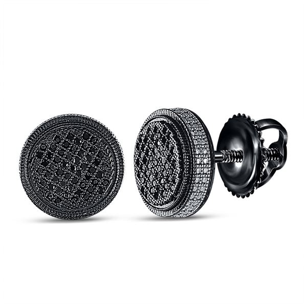 Sterling Silver Mens Black Color Enhanced Diamond Circle Stud Earrings 1/3 Cttw Sterling Silver