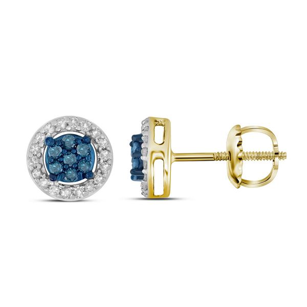 Blue Color Enhanced Diamond Cluster Stud Earrings 1/4 Cttw 10k Yellow Gold