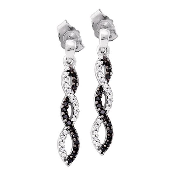 Black Color Enhanced Diamond Twist Dangle Earrings 1/6 Cttw 10kt White Gold
