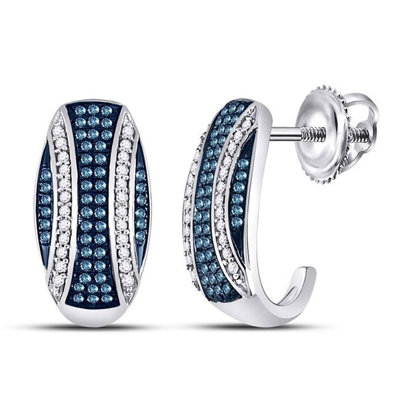 Blue Color Enhanced Diamond Half J Hoop Earrings 3/8 Cttw 10kt White Gold
